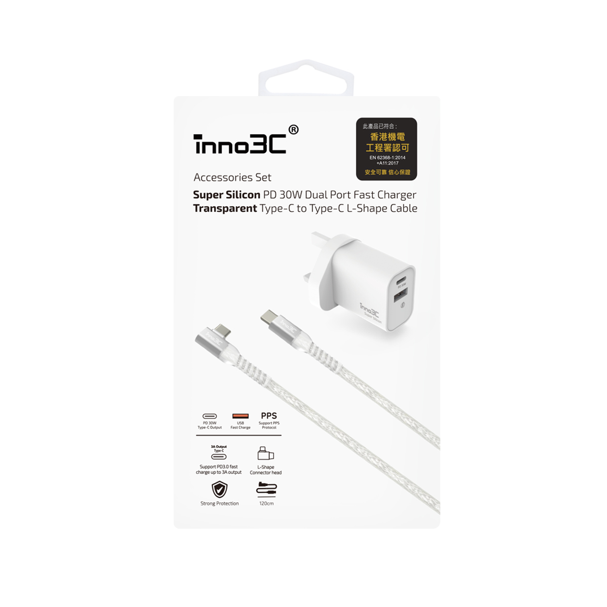 inno3C i-CP30W Super Silicon PD 30W Dual Port Fast Charger + Transparent Type-C to Type-C L-Shape Cable (White / Transparent), , small image number 5